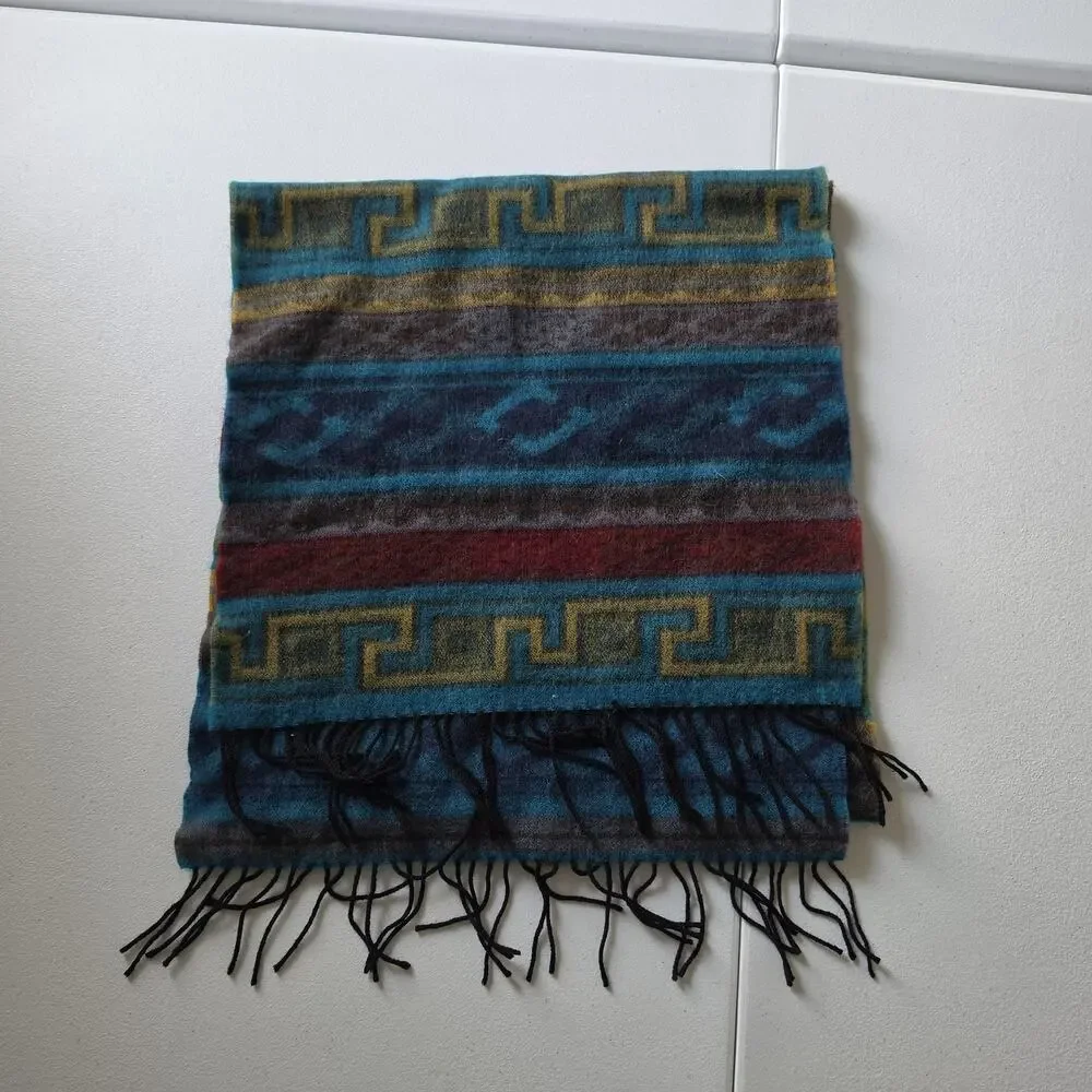 Geometric Merino Wool Scarf Mens One Size Multicolor Fringe Made In Germany